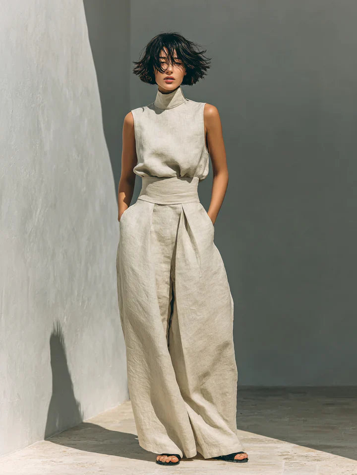 Flor™ | Minimalistisches Set aus ärmelloser Bluse und weit geschnittenen Hosen aus Baumwolle und Leinen für Damen