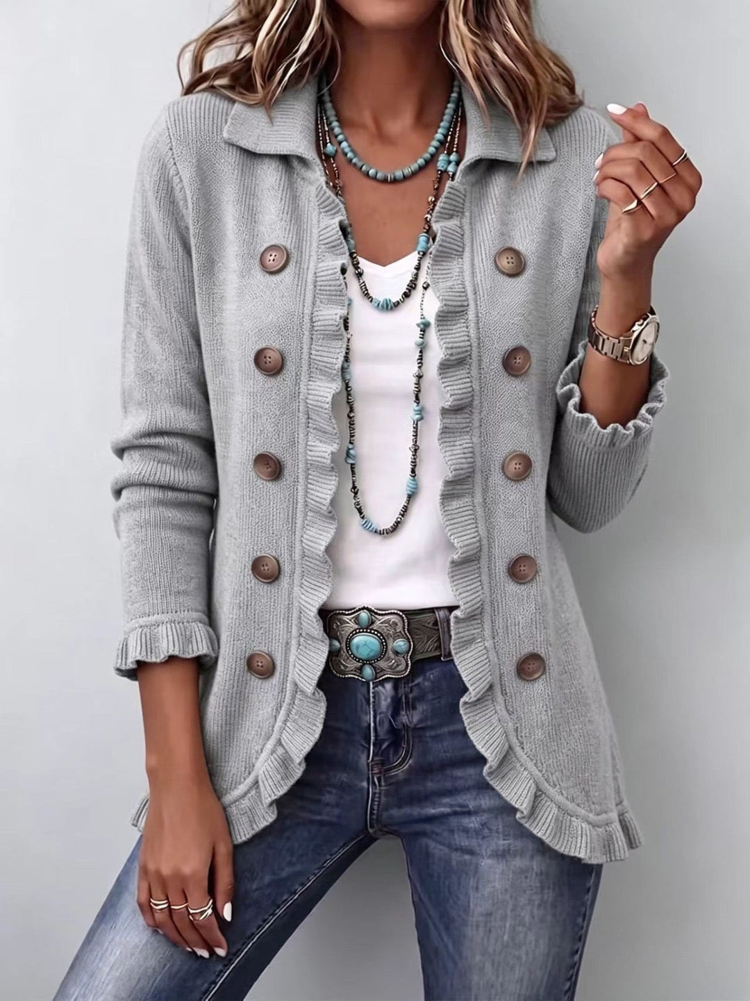 Eloísa | Graue Melierte Strickjacke mit Rüschen