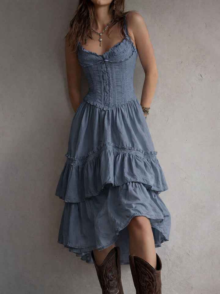 Retro Boho Korsett Midi Kleid mit Spitzenbesatz
