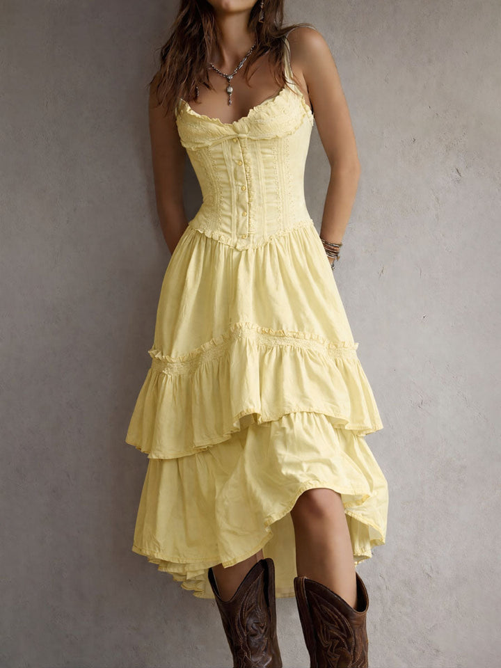 Retro Boho Korsett Midi Kleid mit Spitzenbesatz
