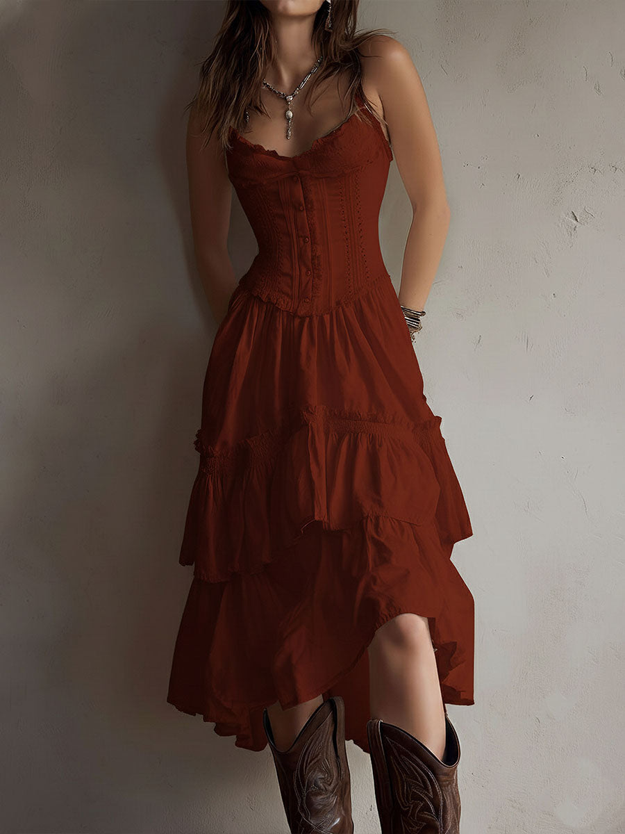 Retro Boho Korsett Midi Kleid mit Spitzenbesatz