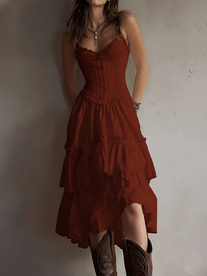 Retro Boho Korsett Midi Kleid mit Spitzenbesatz