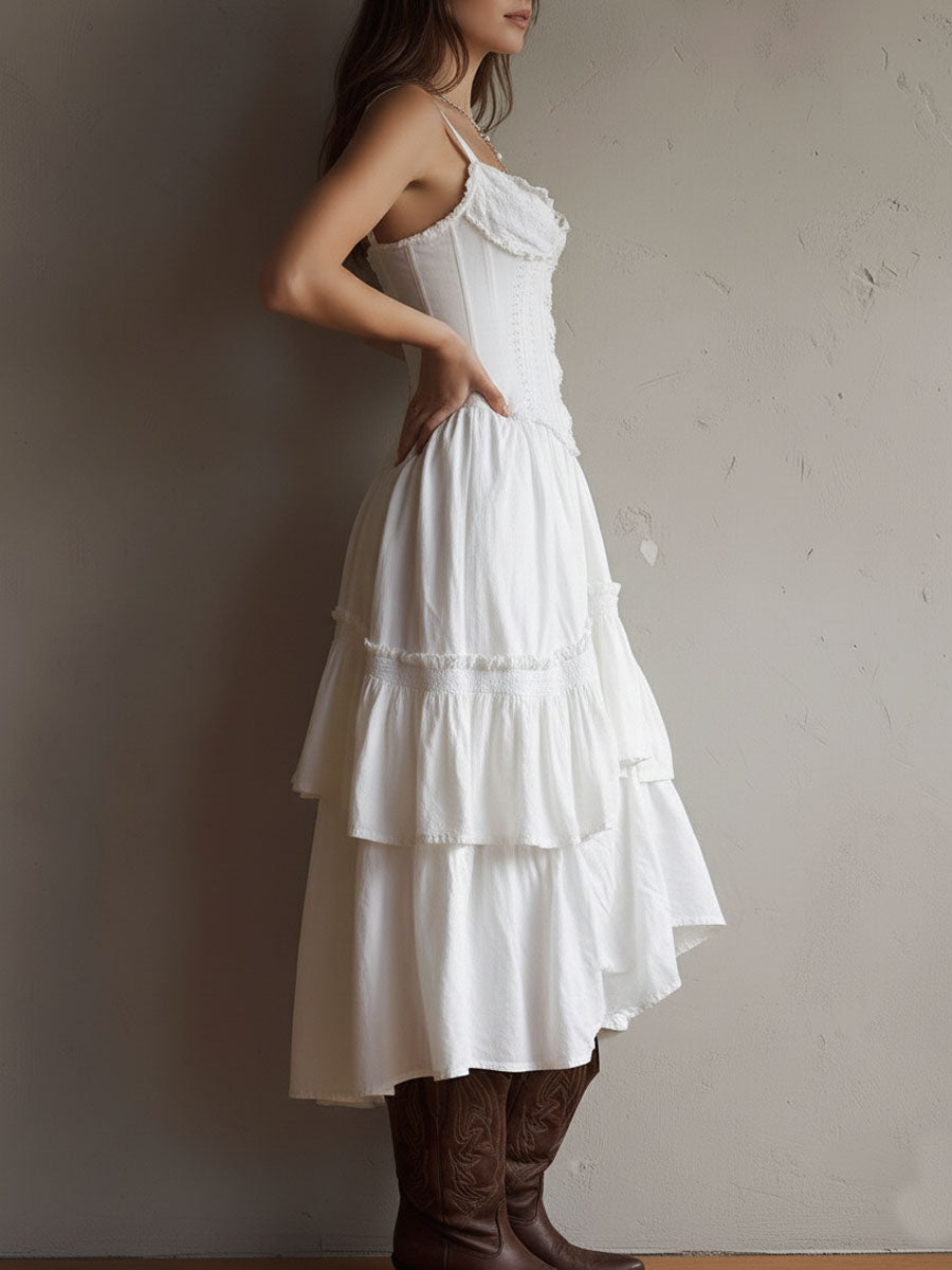Retro Boho Korsett Midi Kleid mit Spitzenbesatz