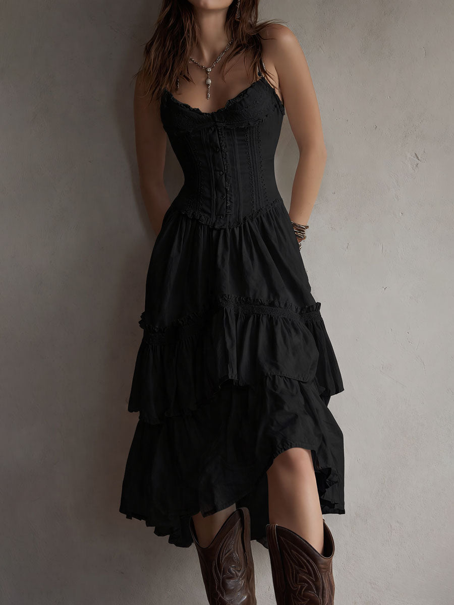 Retro Boho Korsett Midi Kleid mit Spitzenbesatz
