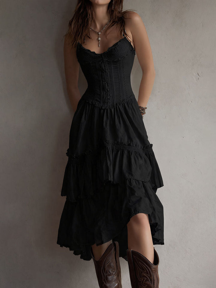 Retro Boho Korsett Midi Kleid mit Spitzenbesatz