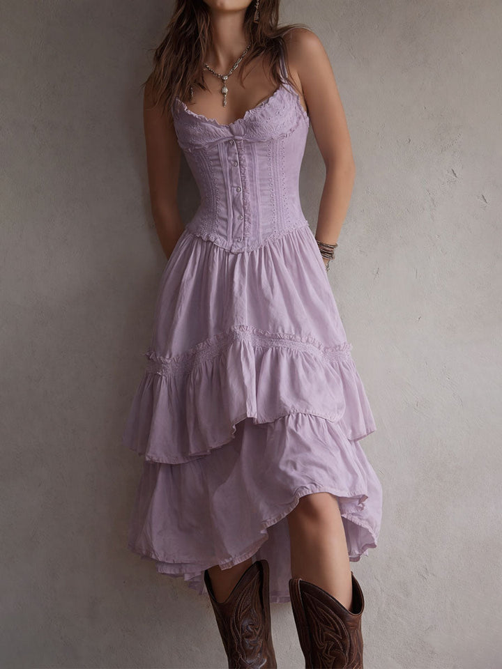 Retro Boho Korsett Midi Kleid mit Spitzenbesatz