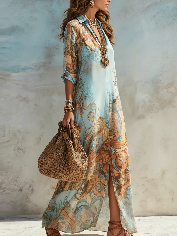 Barockstil Floral Blau Chiffon Maxikleid