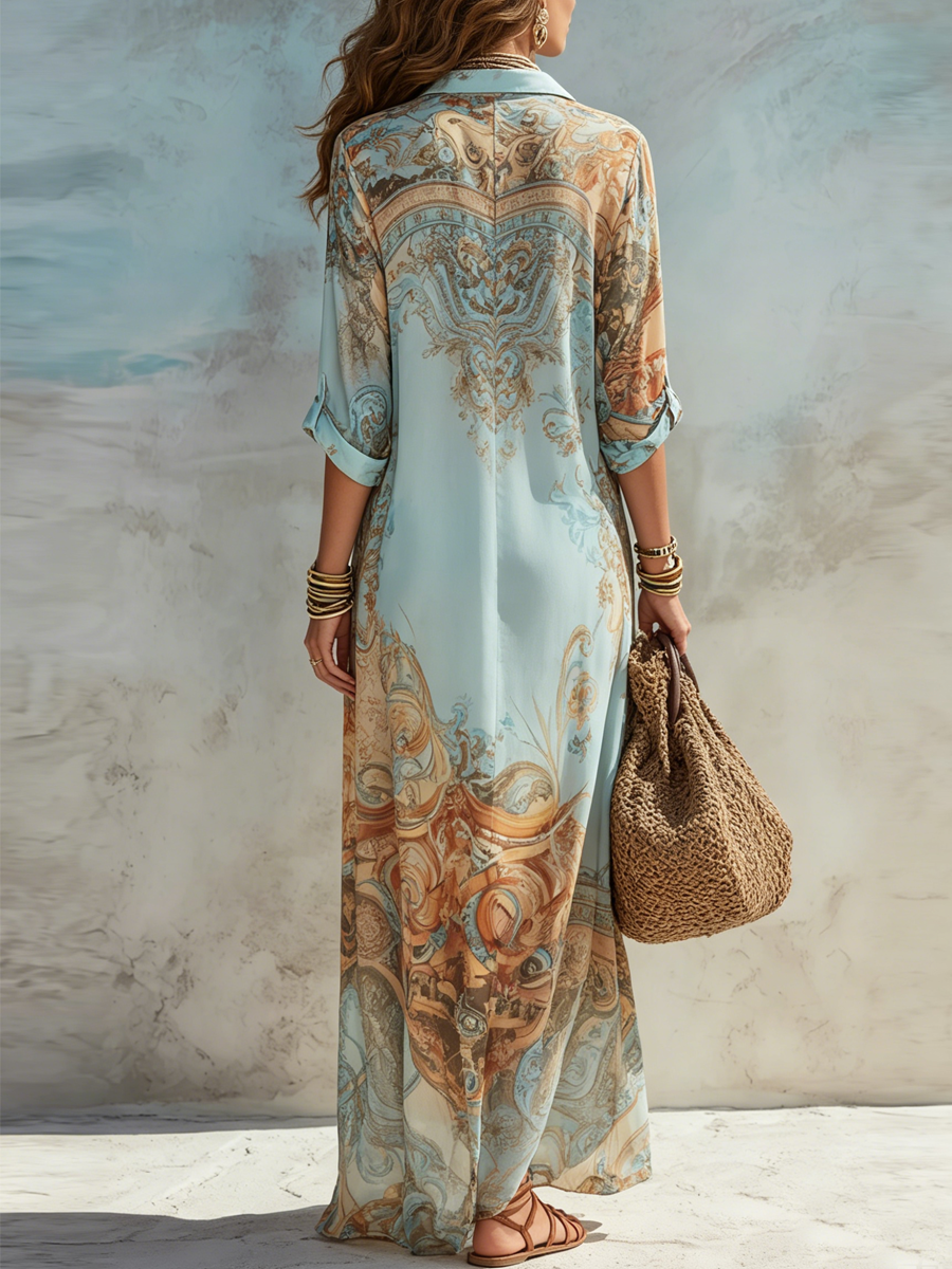 Barockstil Floral Blau Chiffon Maxikleid