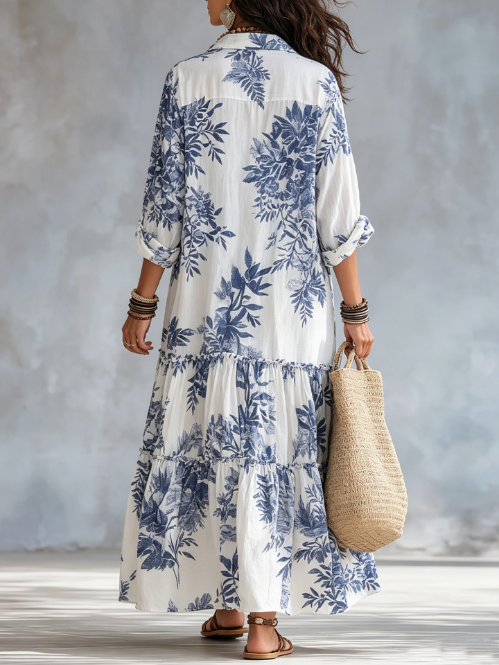 Bohemian Blau Floral Button-down Maxi Kleid