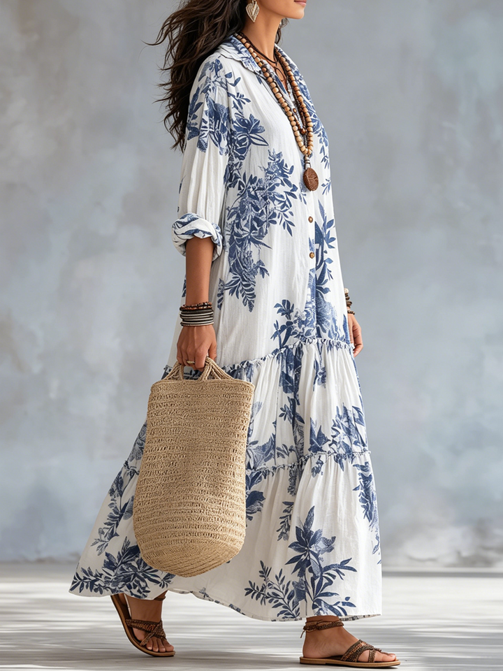 Bohemian Blau Floral Button-down Maxi Kleid