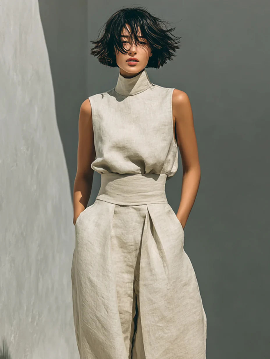 Flor™ | Minimalistisches Set aus ärmelloser Bluse und weit geschnittenen Hosen aus Baumwolle und Leinen für Damen