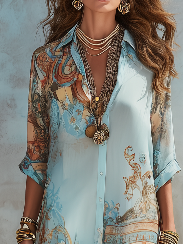 Barockstil Floral Blau Chiffon Maxikleid