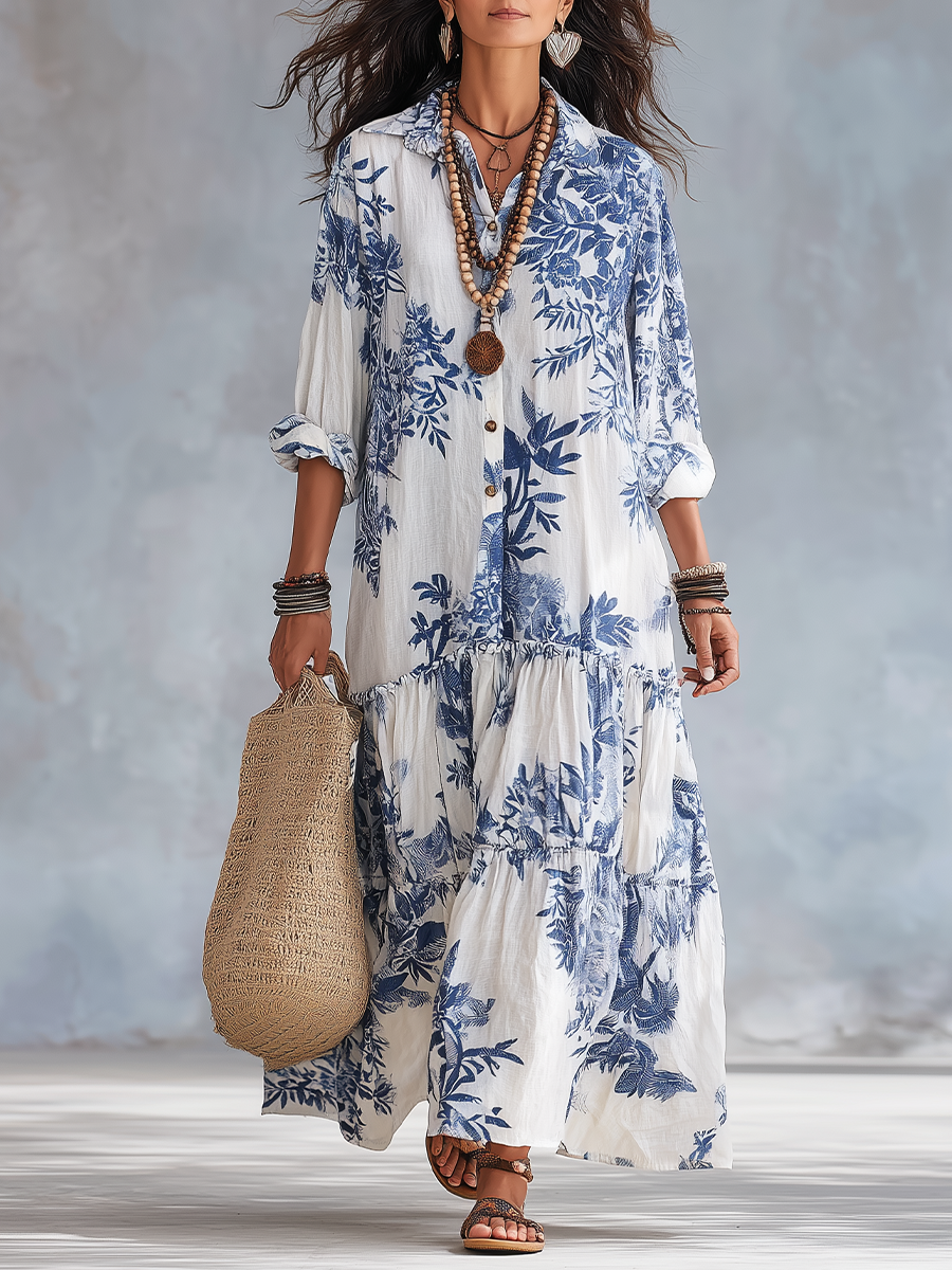 Bohemian Blau Floral Button-down Maxi Kleid