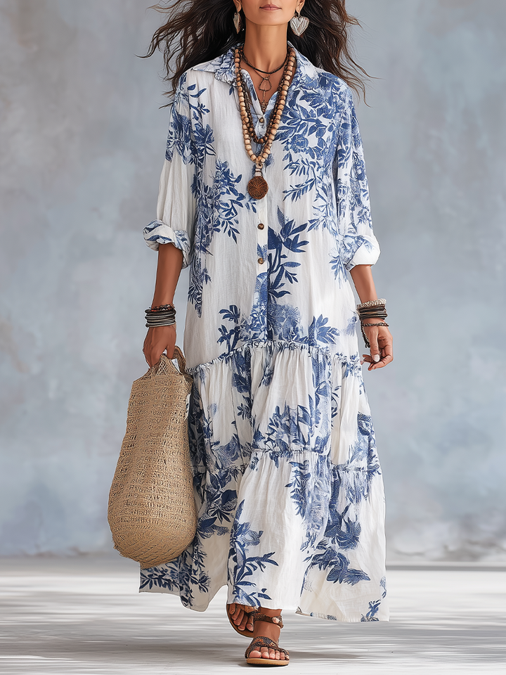 Bohemian Blau Floral Button-down Maxi Kleid