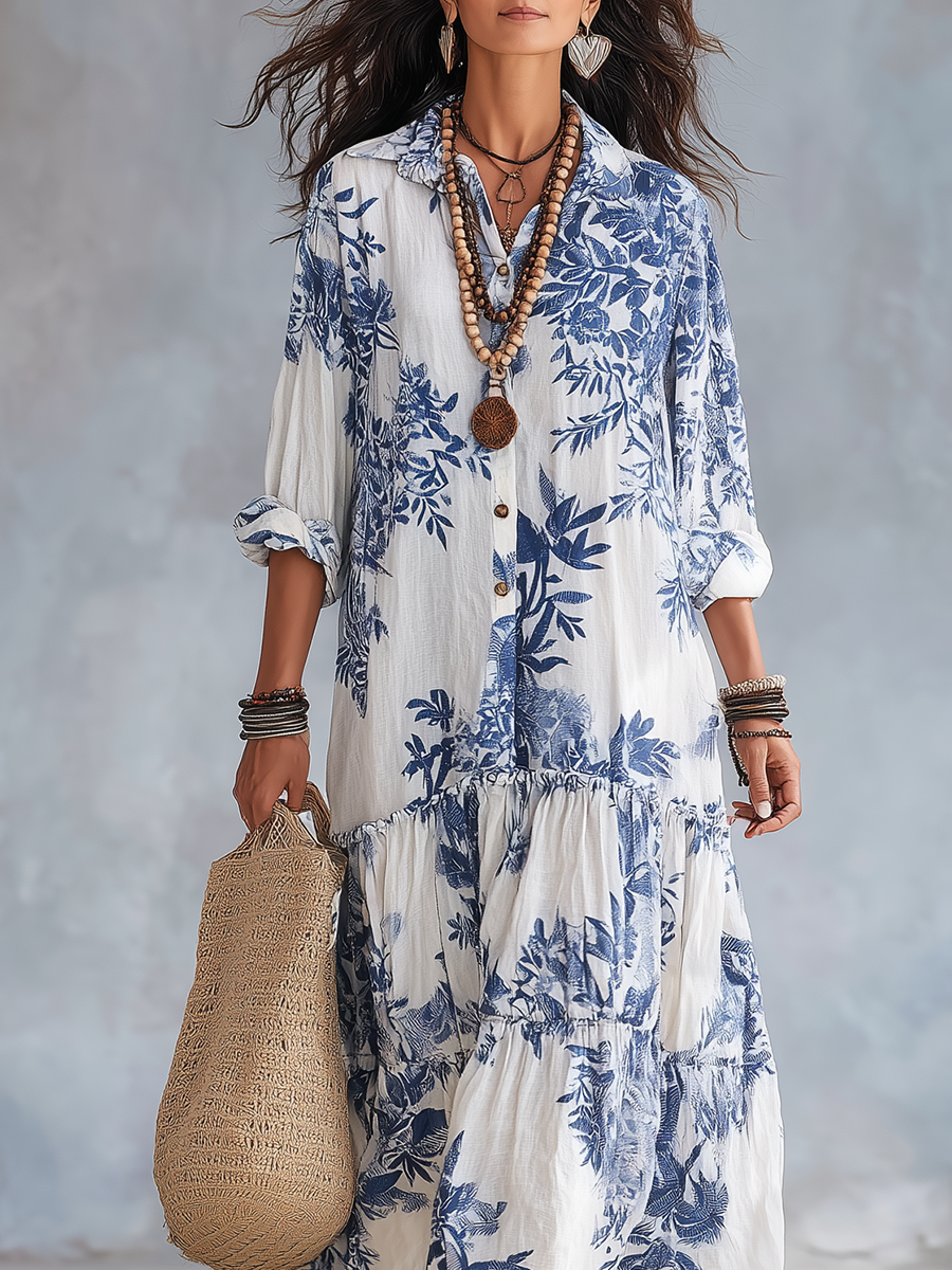 Bohemian Blau Floral Button-down Maxi Kleid