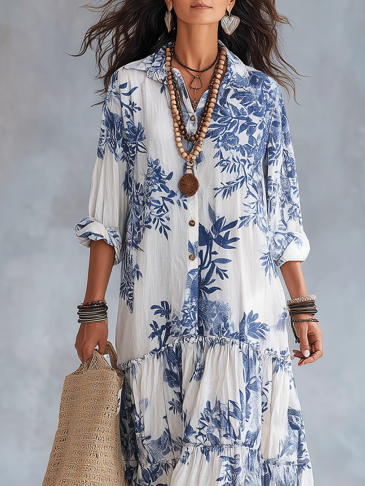 Bohemian Blau Floral Button-down Maxi Kleid