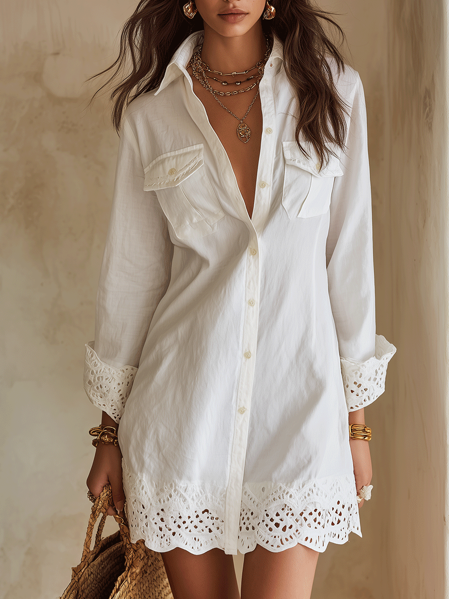 Bohemian Eyelet Hem Resort Weißes Hemd Mini Kleid