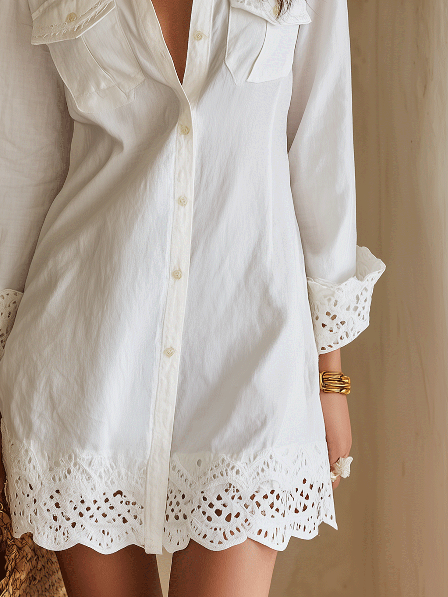 Bohemian Eyelet Hem Resort Weißes Hemd Mini Kleid