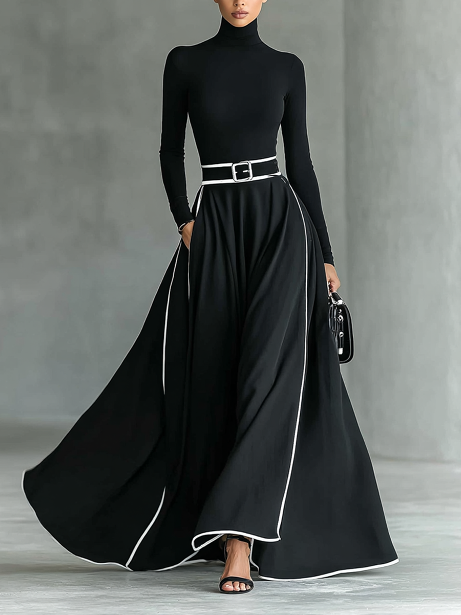 Gina – Maxikleid für Damen Schwarz mit Weißen Nähten und Hohem Kragen, Langen Ärmeln, Tailliert