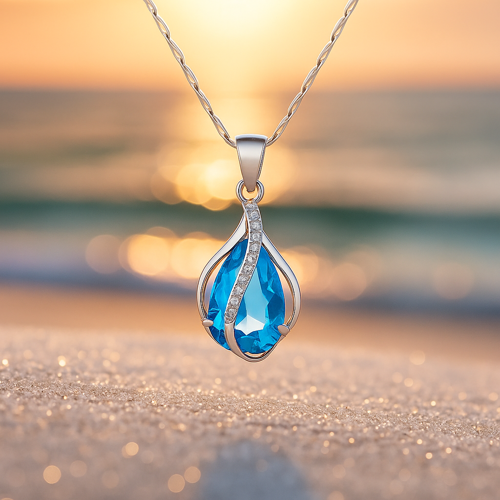Tropfen des Lichts – Halskette mit blauem Zirkon und Silberfinish