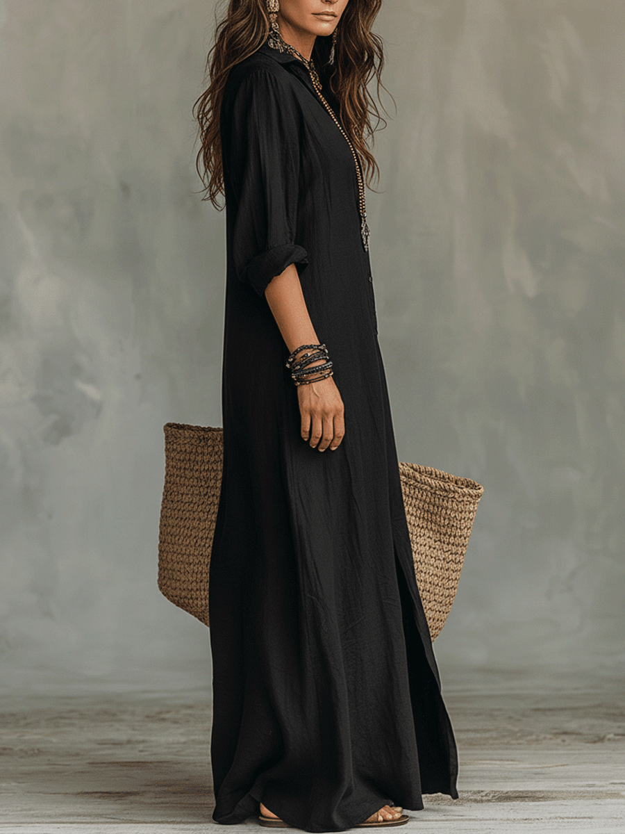 Schwarzes Knopf-Front Bohemian Hemd Maxi Kleid
