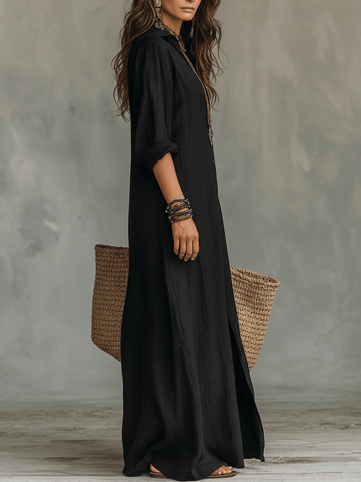 Schwarzes Knopf-Front Bohemian Hemd Maxi Kleid