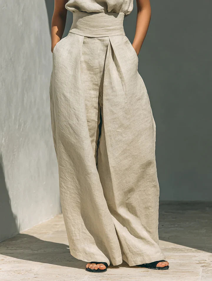 Flor™ | Minimalistisches Set aus ärmelloser Bluse und weit geschnittenen Hosen aus Baumwolle und Leinen für Damen