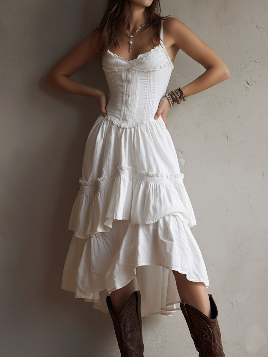 Retro Boho Korsett Midi Kleid mit Spitzenbesatz