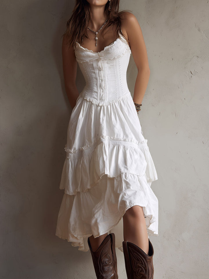 Retro Boho Korsett Midi Kleid mit Spitzenbesatz