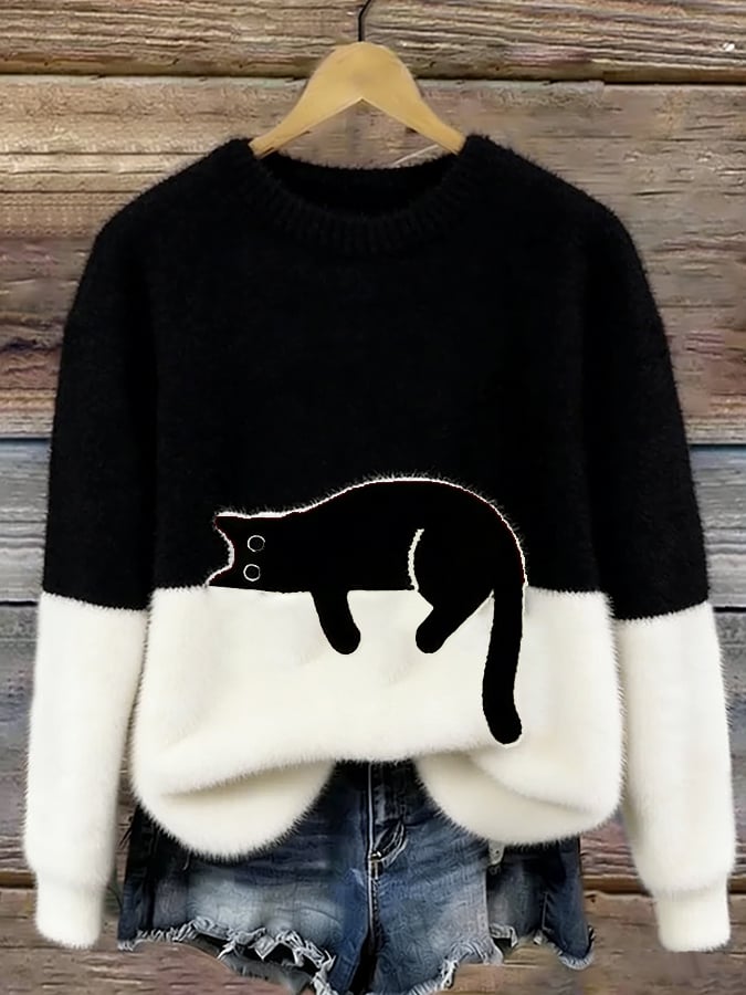 Ingrid — Oversized Pullover mit Katzenmotiv