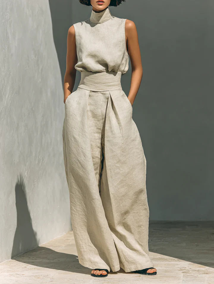 Flor™ | Minimalistisches Set aus ärmelloser Bluse und weit geschnittenen Hosen aus Baumwolle und Leinen für Damen