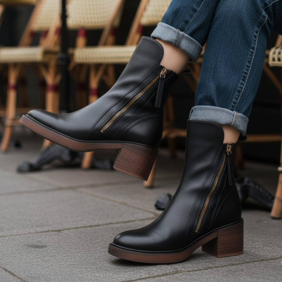 Valorine™ | Schwarze Lederstiefel mit bequemem Absatz, elegant und zeitlos