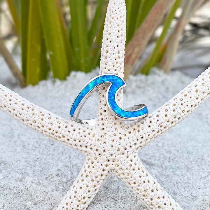 Wellenring aus Silber mit Blauer Opal