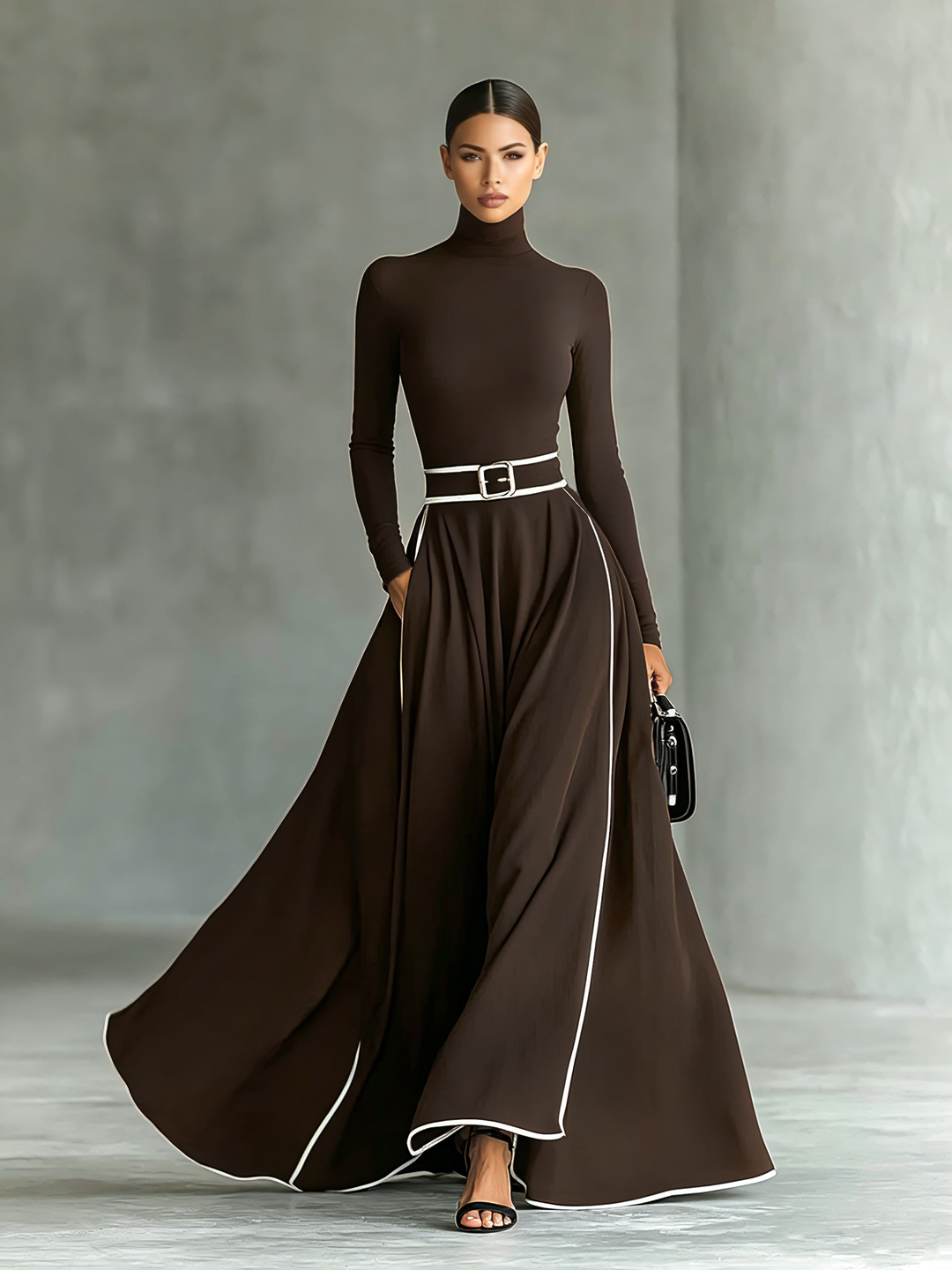 Gina – Maxikleid für Damen Schwarz mit Weißen Nähten und Hohem Kragen, Langen Ärmeln, Tailliert