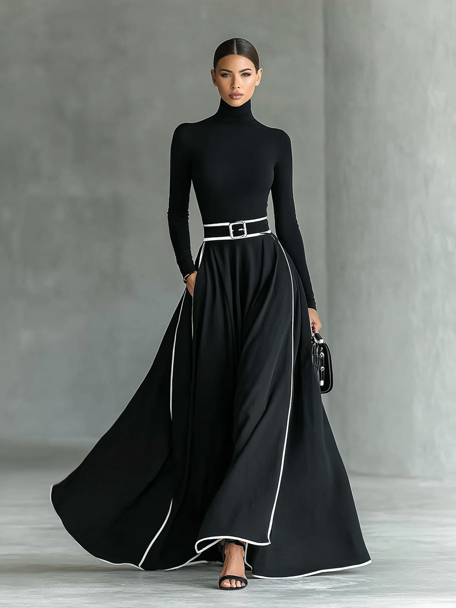 Gina – Maxikleid für Damen Schwarz mit Weißen Nähten und Hohem Kragen, Langen Ärmeln, Tailliert