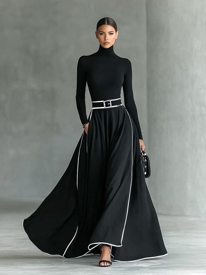 Gina – Maxikleid für Damen Schwarz mit Weißen Nähten und Hohem Kragen, Langen Ärmeln, Tailliert