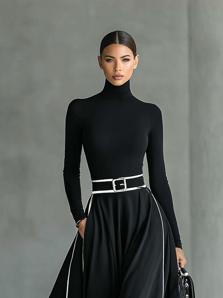 Gina – Maxikleid für Damen Schwarz mit Weißen Nähten und Hohem Kragen, Langen Ärmeln, Tailliert