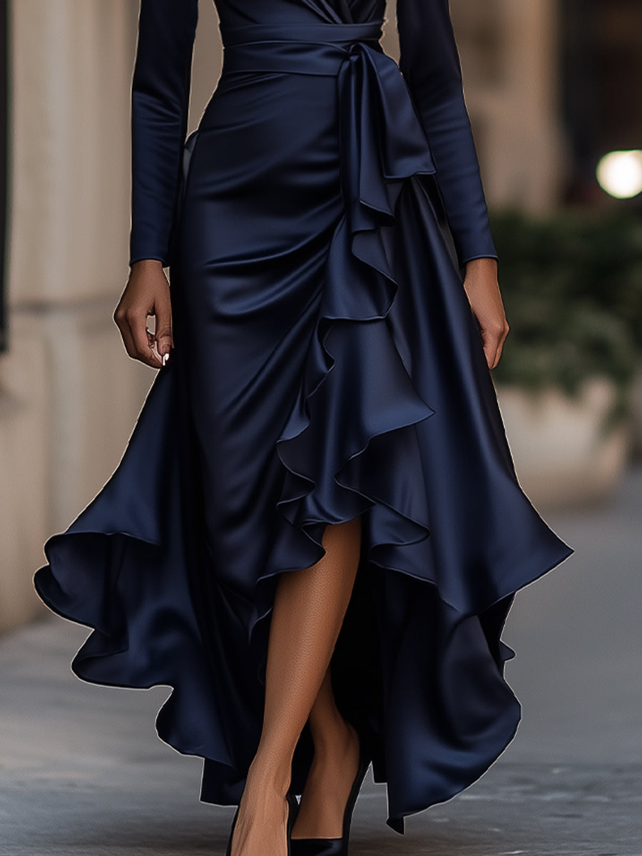 Palma | Drapiertes Satin-Maxikleid mit Rüschendetails