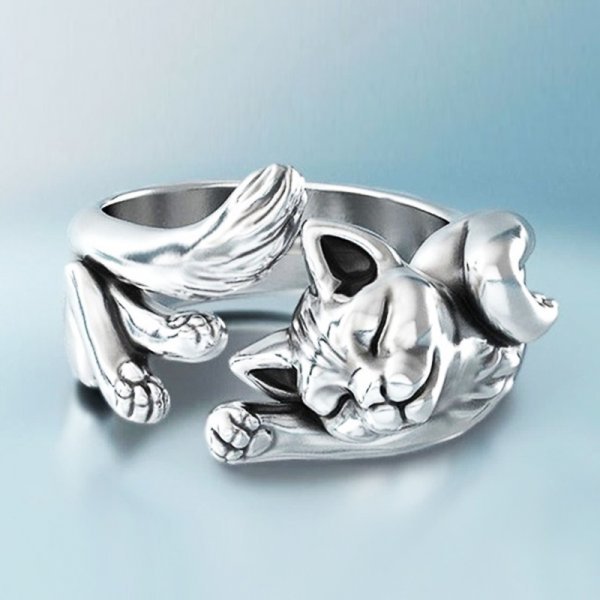 Vintage-Ring mit Katze aus Silber