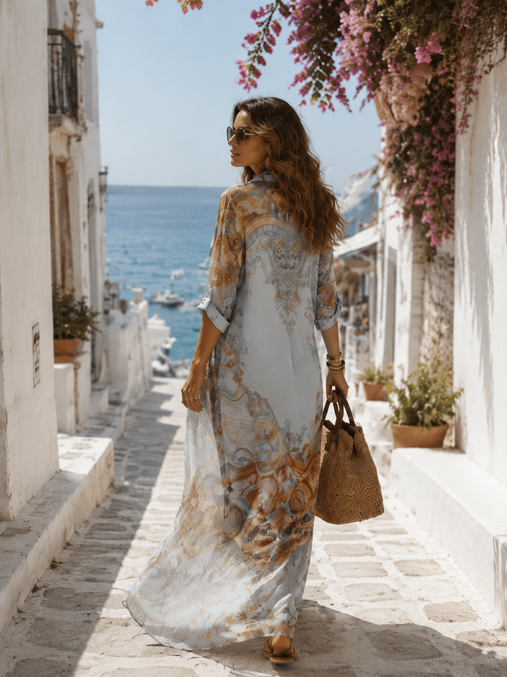 Barockstil Floral Blau Chiffon Maxikleid