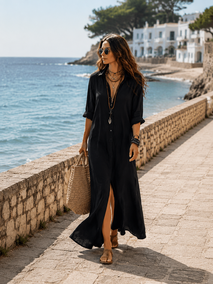 Schwarzes Knopf-Front Bohemian Hemd Maxi Kleid