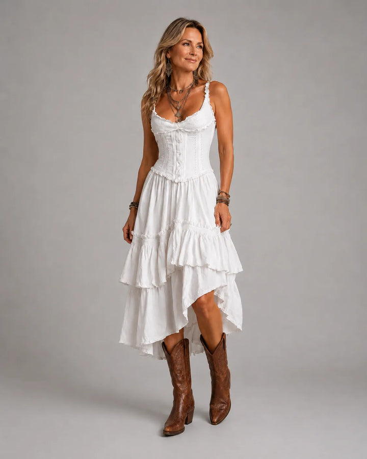 Retro Boho Korsett Midi Kleid mit Spitzenbesatz