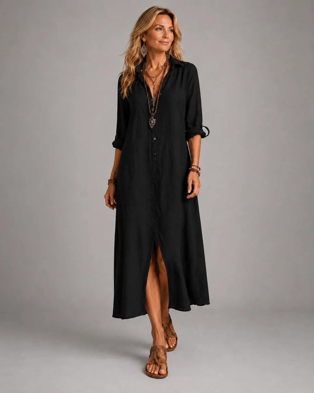 Schwarzes Knopf-Front Bohemian Hemd Maxi Kleid