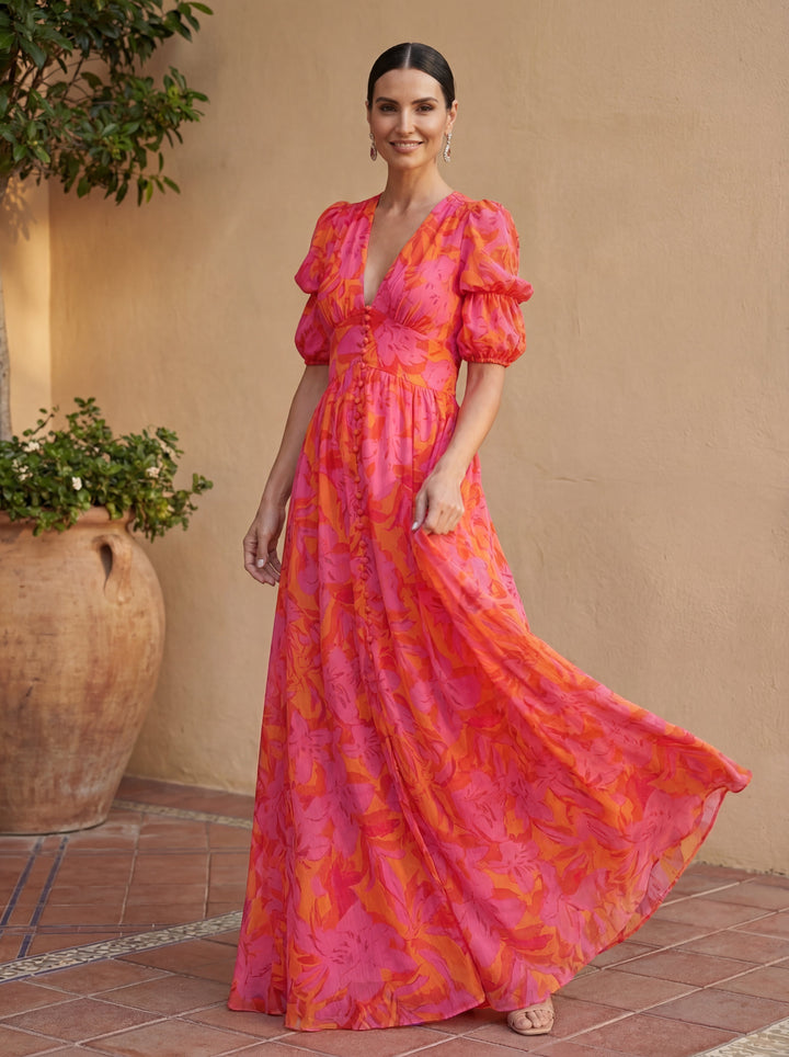 Oliva | Maxikleid mit Blumenmuster, Ballonärmeln und V-Ausschnitt