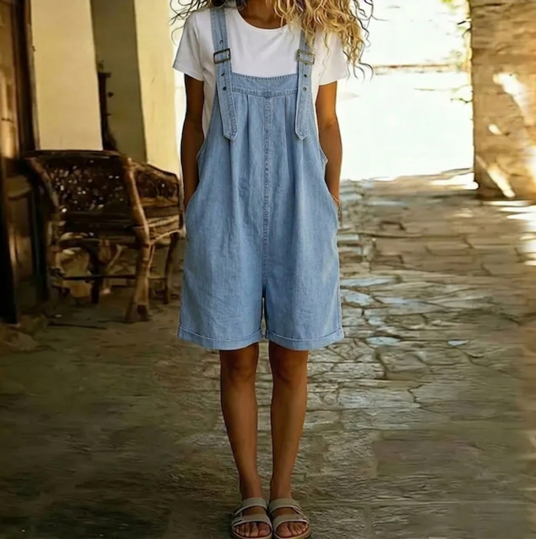 Clara | Latzhose aus weichem, gewaschenem Vintage-Denim in Hellblau