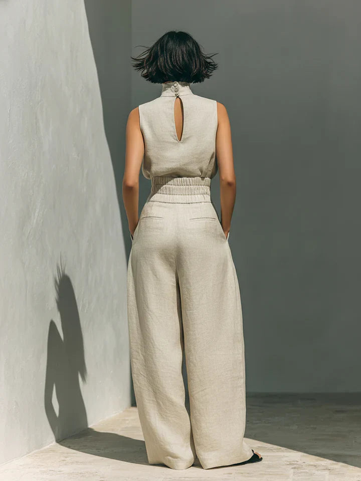 Flor™ | Minimalistisches Set aus ärmelloser Bluse und weit geschnittenen Hosen aus Baumwolle und Leinen für Damen