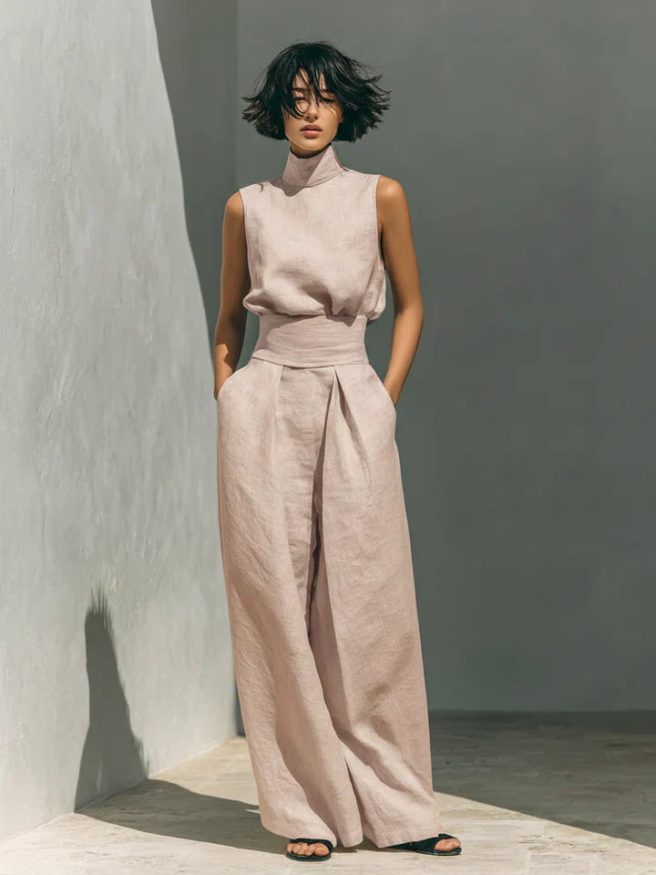 Flor™ | Minimalistisches Set aus ärmelloser Bluse und weit geschnittenen Hosen aus Baumwolle und Leinen für Damen