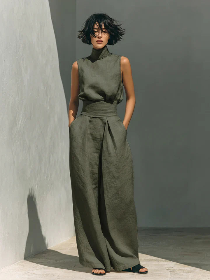 Flor™ | Minimalistisches Set aus ärmelloser Bluse und weit geschnittenen Hosen aus Baumwolle und Leinen für Damen