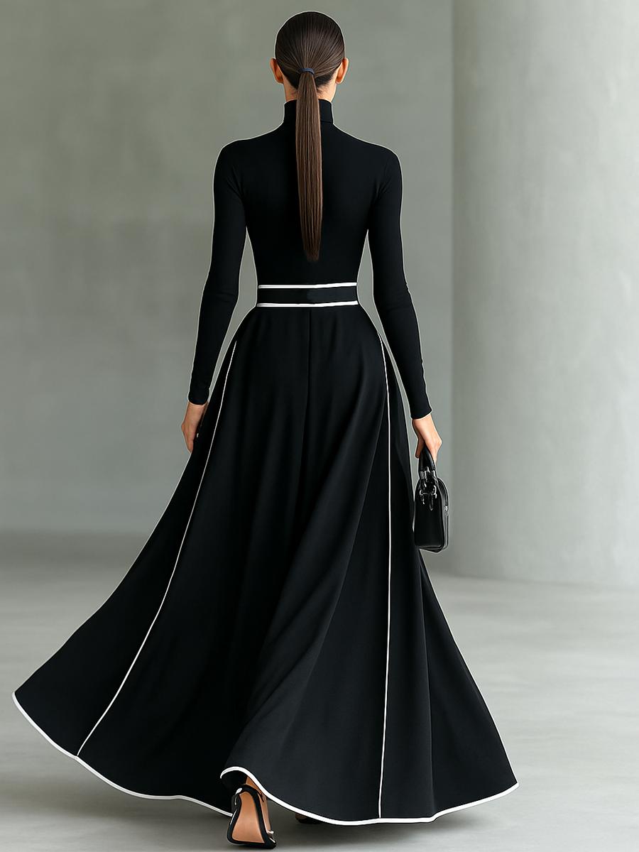 Gina – Maxikleid für Damen Schwarz mit Weißen Nähten und Hohem Kragen, Langen Ärmeln, Tailliert