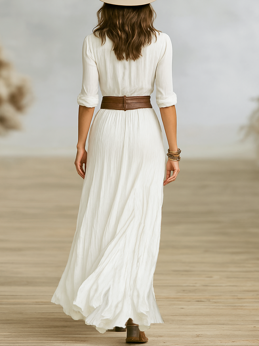 Aurore | Lange Leinenkleid mit Umgekehrtem Kragen